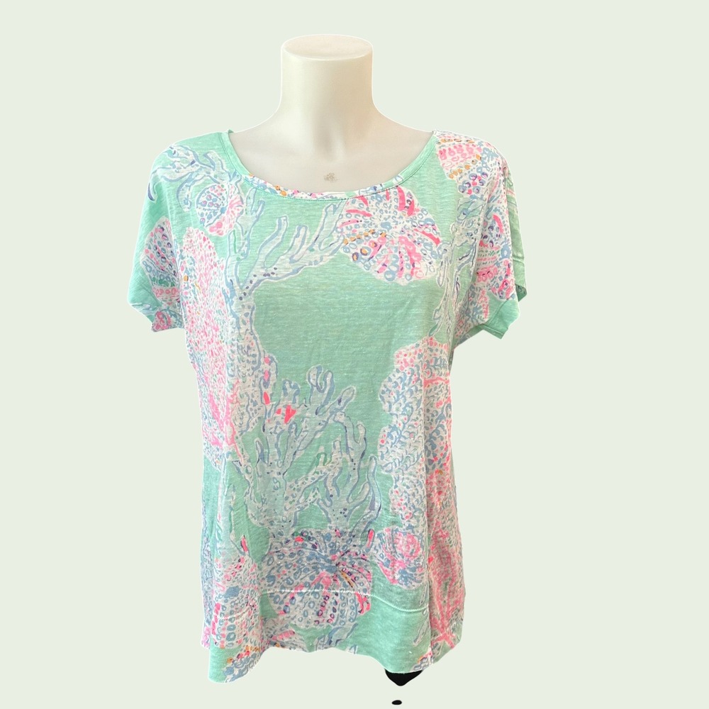Lilly Pulitzer MIKELA Linen Blouse in MINTY FRESH FAN SEA Pink Blue Size Small